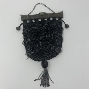 Antique Early 1920's Beaded Flapper Handbag Black Glass Beads With Tassels